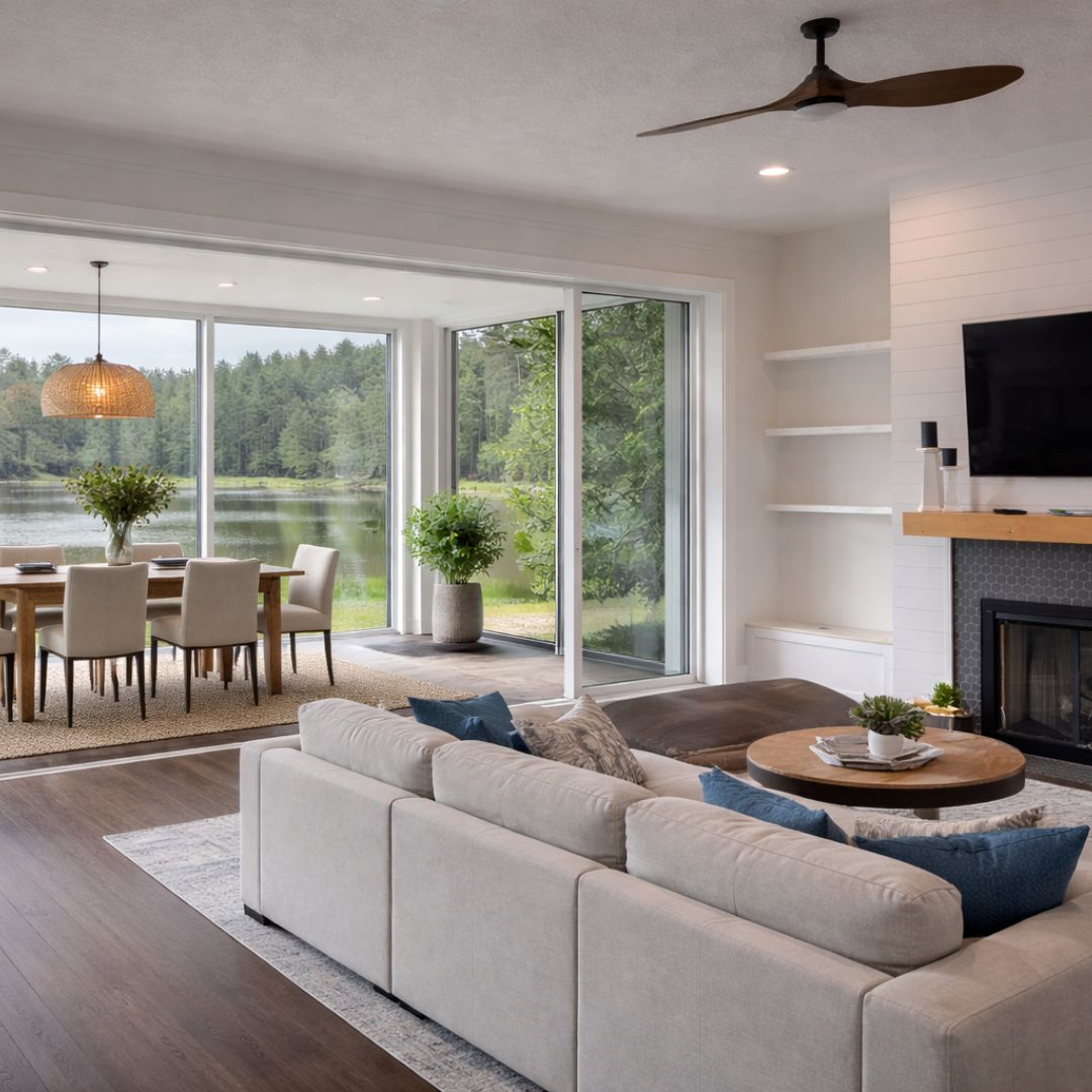 Open floor plan with lake view